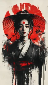 Stoic woman in kimono before bold red painted sun