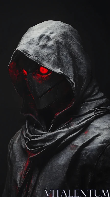 Hooded cyber-reaper portrait with emissive red optics.