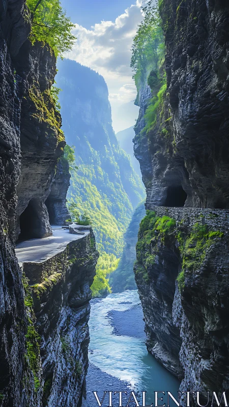 Sunlit gorge road winding above a quiet turquoise river.