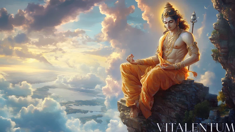 Divine yogi meditating on cliff amid luminous cloudscape