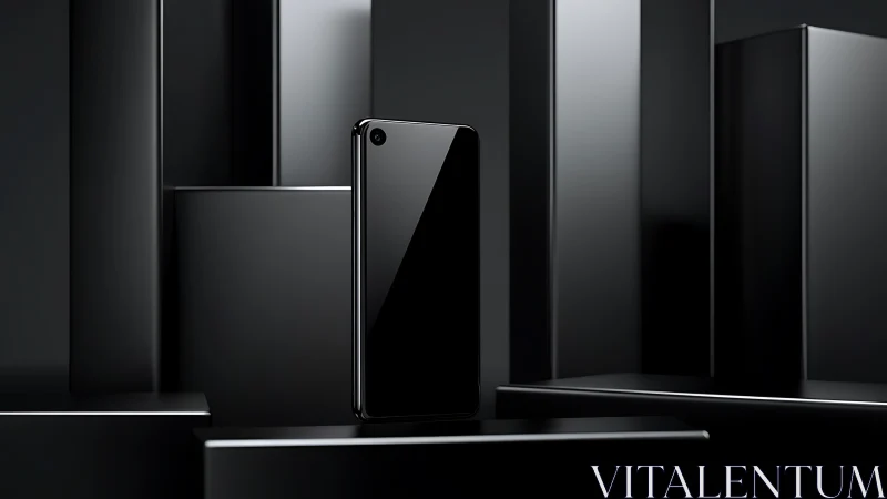 Black smartphone stands amid glossy geometric columns.