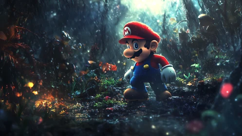 Mario character walks through dense rainy forest environment