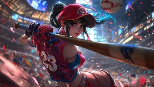 Dynamic anime slugger readies bat in neon stadium glow.