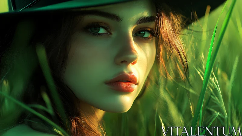 Greenfire gaze cuts through the meadow’s glowing hush