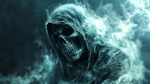 Grim reaper skull in swirling blue ghostly smoke shroud.