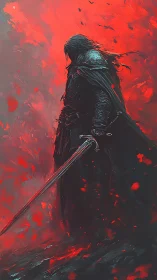 Dark knight strides through burning crimson storm.