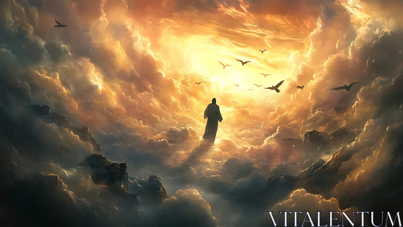 Silhouetted figure within luminous cloudscape and birds.