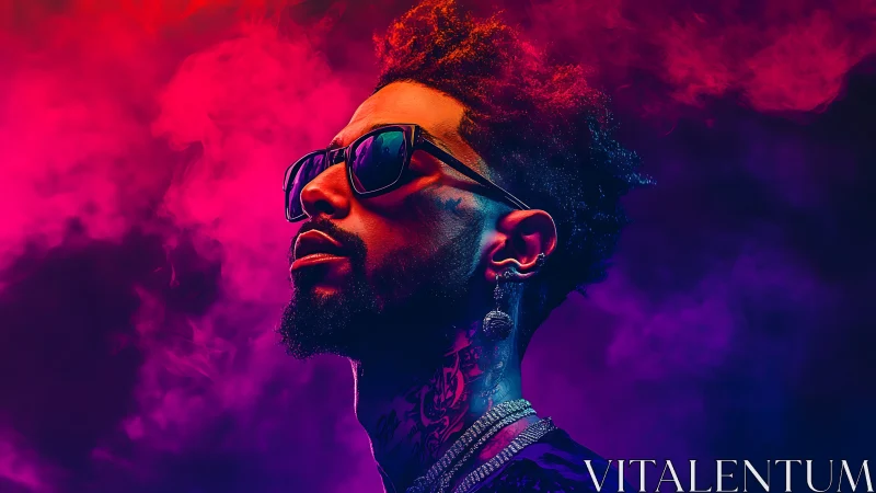 Neon backlit portrait of stylish man in smoke gradients.