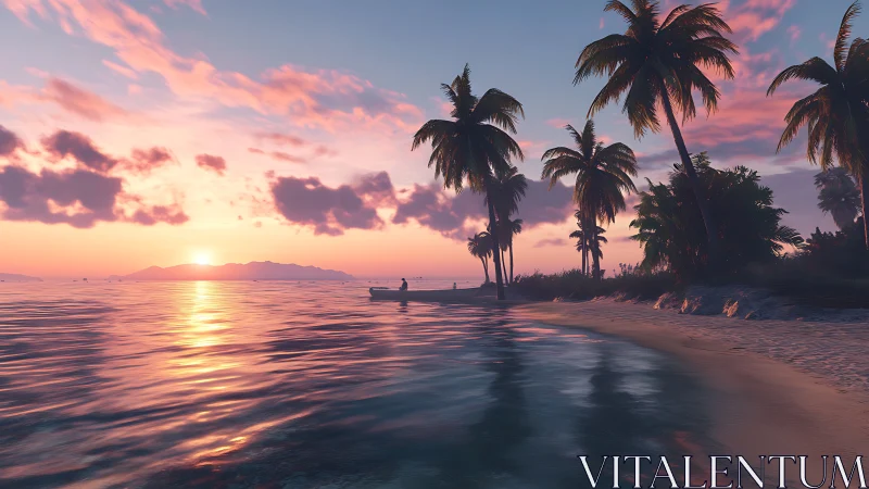 Tropical Beach Sunset with Palm Trees and Boat.