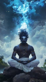 Meditating blue sage under turbulent glowing sky.