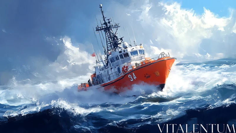 Coast guard patrol vessel cutting through rough ocean waves.