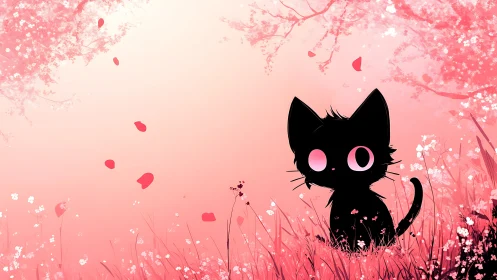 Silhouette kitten amid pink blossoms in dreamy dusk meadow.