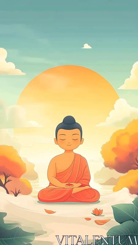 Serene monk meditation under stylized sunrise digital illustration.
