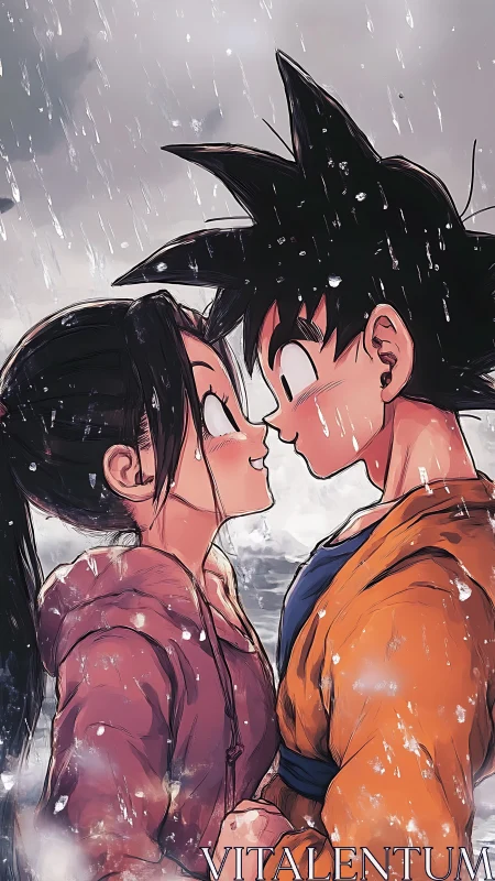 Anime romantic close-up in rainy vertical character framing.