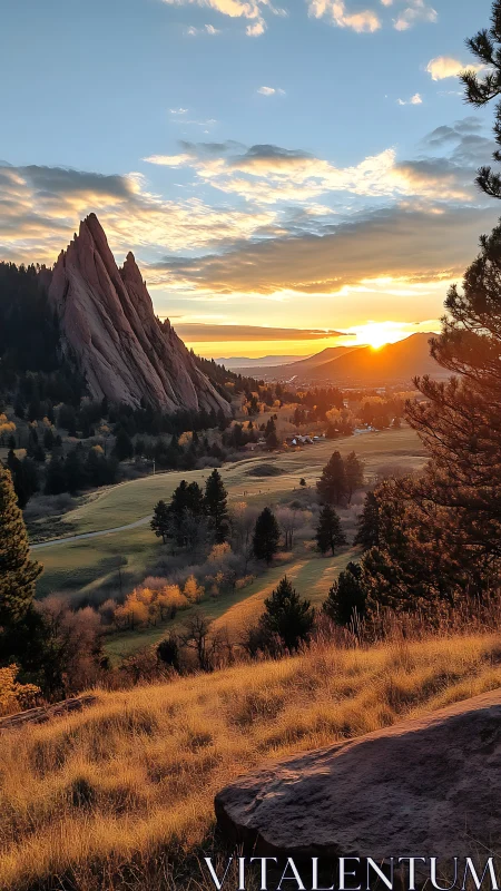 Sunset ignites jagged sandstone peaks above a golden valley.