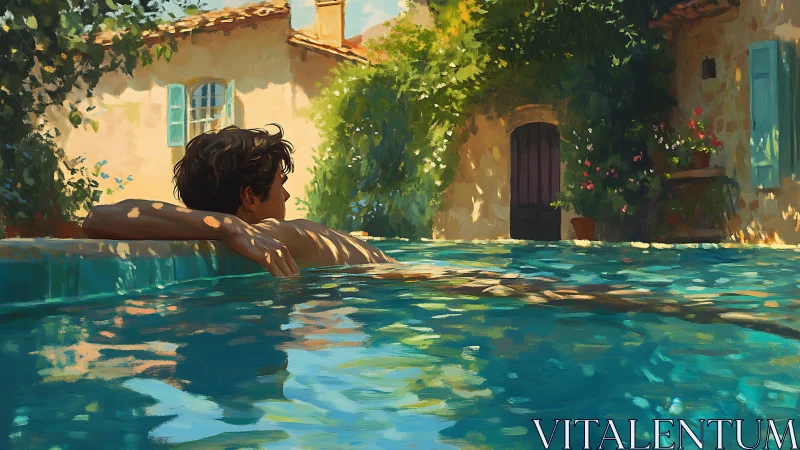 Sunlit courtyard pool with reflective chromatic water surface.