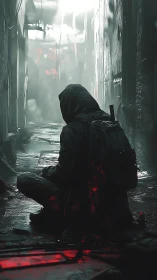 Hooded wanderer kneels in neon-lit, rain-soaked alleyway.
