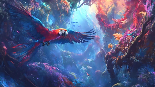 Digital painting of tropical macaw gliding through luminous forest.