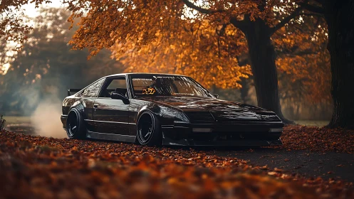 Lowered black drift car parked on leaf-covered autumn road.