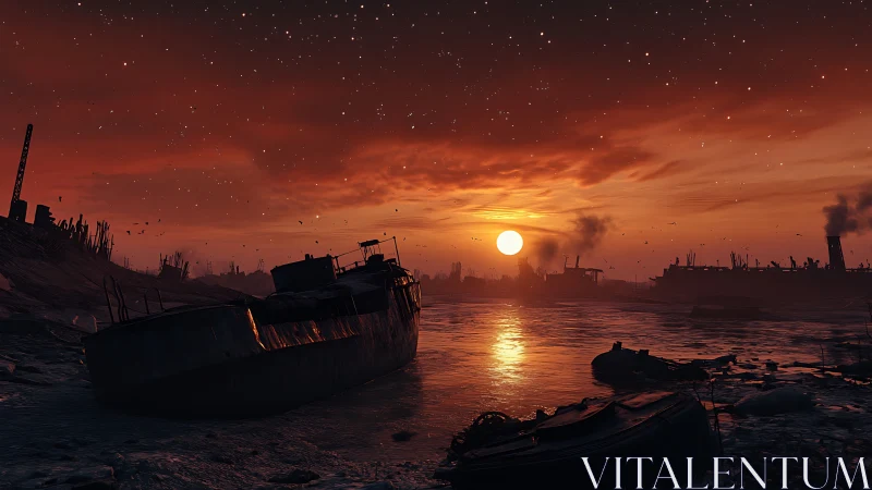 Rusting ships sink into a blood-red industrial sunset.