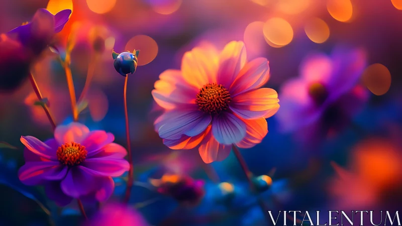Chromatic Cosmos Flowers: Bokeh-Rendered Floral Composition.