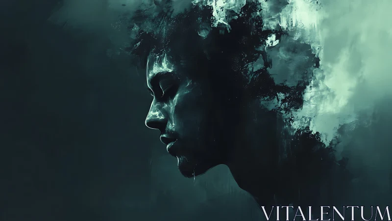Melancholic profile dissolving into teal abstract clouds.