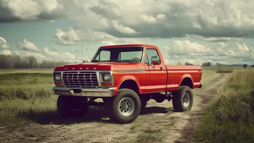 Bright red vintage pickup truck rests on a quiet country road