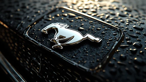 Rain-kissed chrome horse emblem on sleek midnight grille.