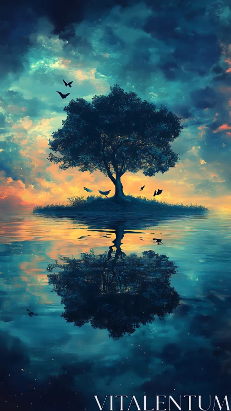 Solitary tree reflects over still water beneath vibrant sky