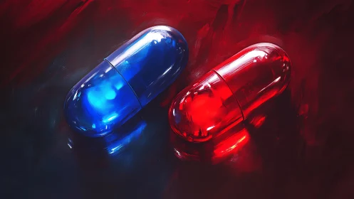 Contrasting blue and red capsules lie on a dark painted surface