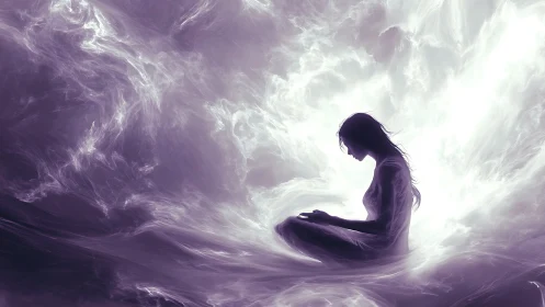 Digital painting of meditative silhouette in luminous mist field.