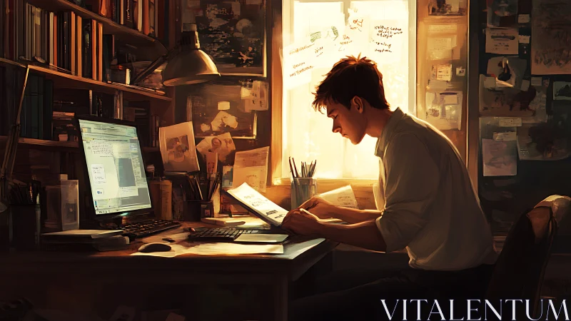 Digital painting of writer at warm backlit studio desk.