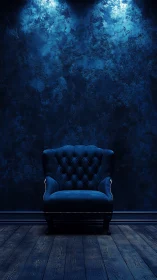 Dark blue armchair in moody interior under spotlight.