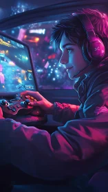 Neon lit gamer enjoys an immersive night of console play