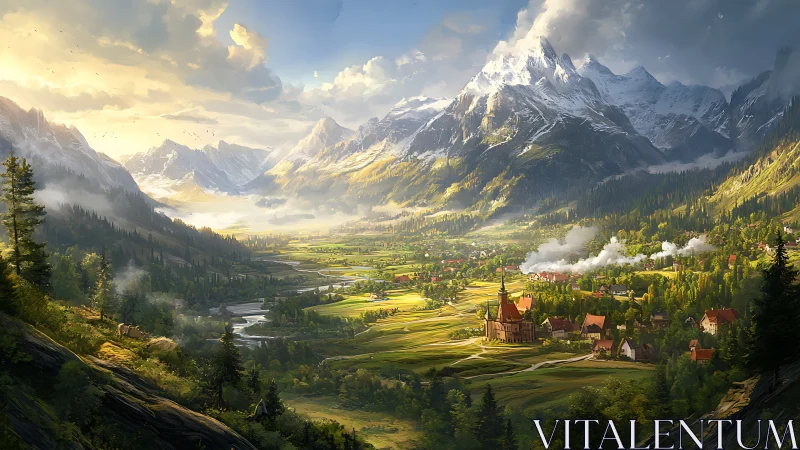 Sunlit alpine valley cradles serene village and river.