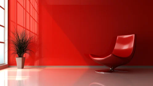 Red minimalist interior with chair and potted plant wall scene.