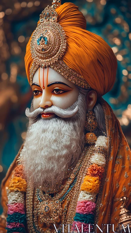 Regal Hindu deity statue in jeweled orange turban portrait.