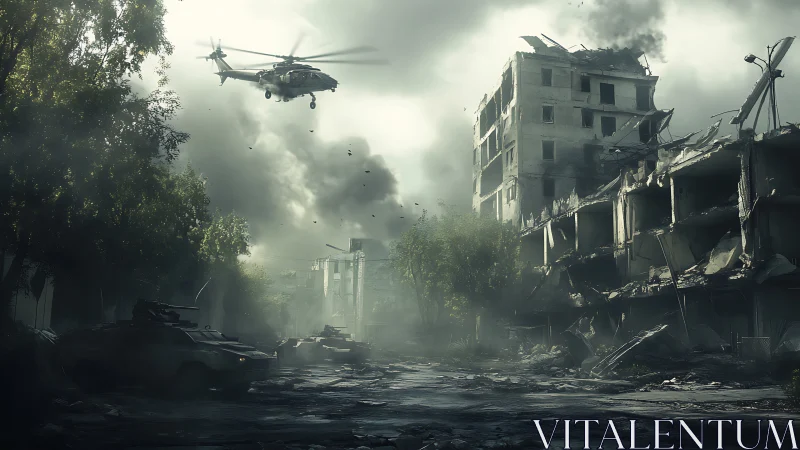 War-torn boulevard under attack helicopters and smoke.