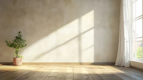 Sunlit minimalist room highlights plant and warm textures.