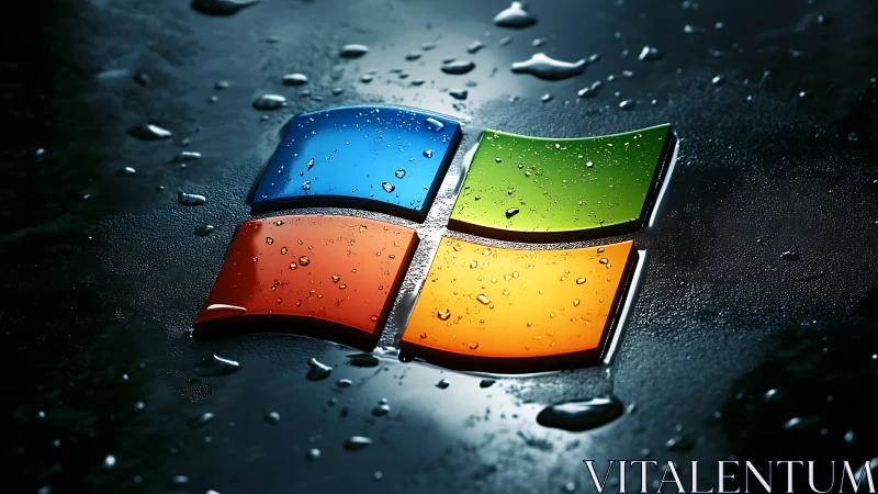 Rain-kissed quad-color tech emblem on slick midnight glass.