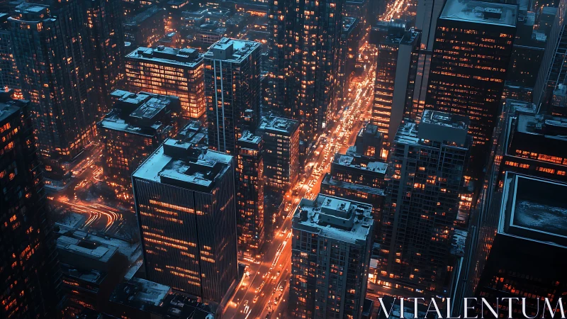 Elevated winter city grid with dense illuminated towers.