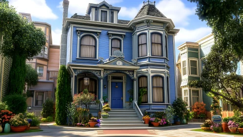 Charming blue Victorian home welcomes with bright garden color