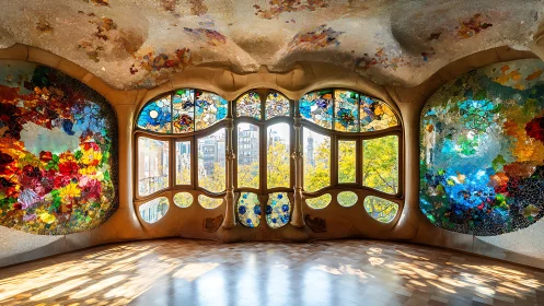 Curved interior window with stained glass overlooking city trees