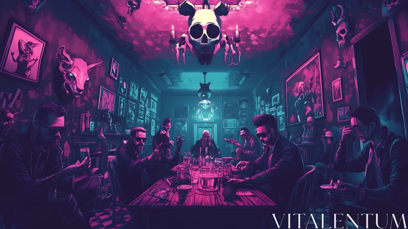 Neon underworld gathering around a secretive table scene.