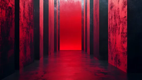 Rectilinear corridor uses red directional lighting and depth