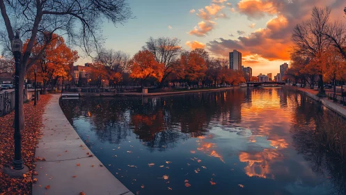 Urban canal sunset dressed in ember-bright autumn calm.