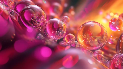 Volumetric-rendered magenta and amber liquid spheres in motion