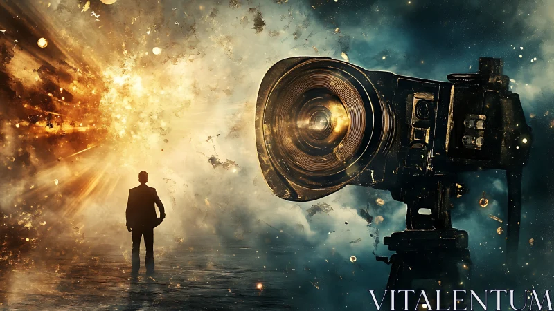 Giant camera lens facing silhouetted man in cosmic blast.