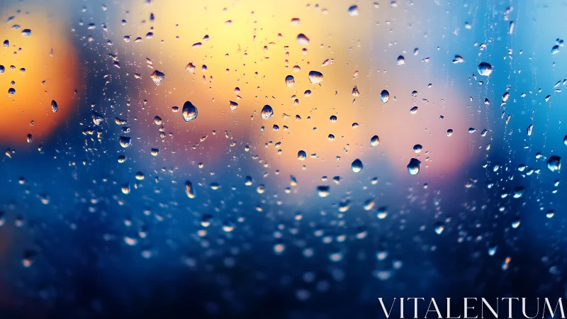 Water droplets on glass against defocused sunset gradient.