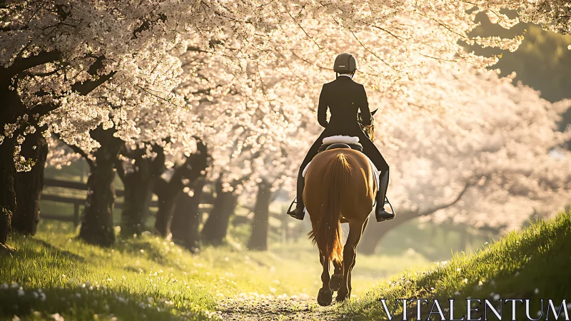 Rider glides beneath sunlit cherry blossoms in pastoral hush.